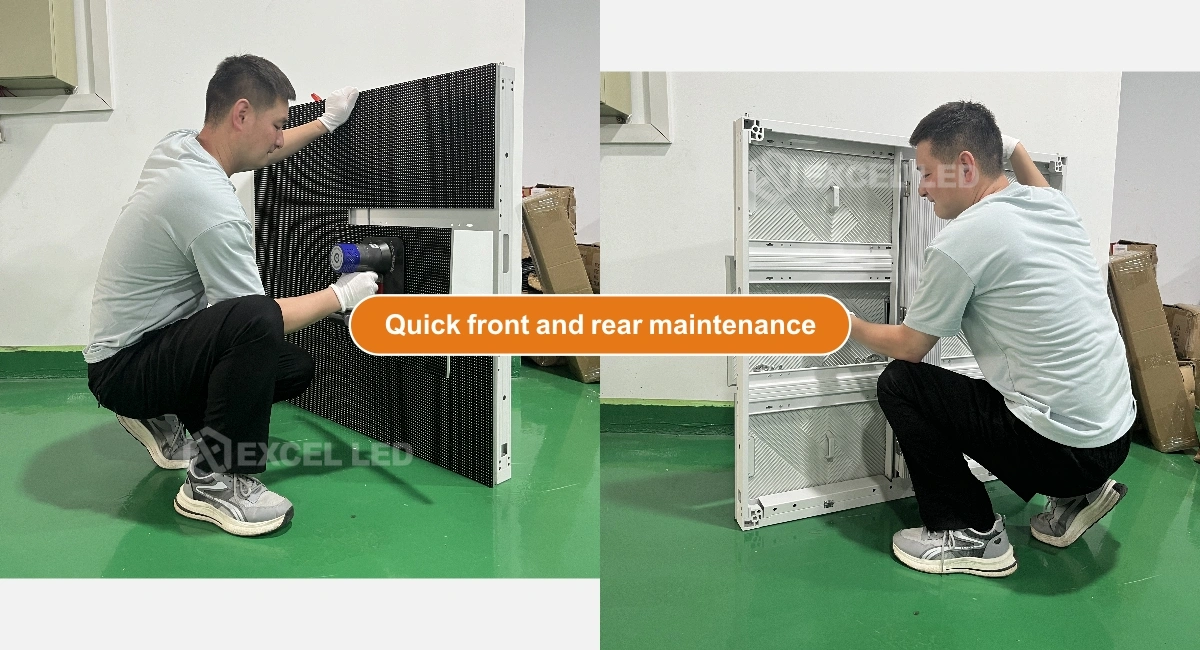Technician performing maintenance on front service fixed LED wall