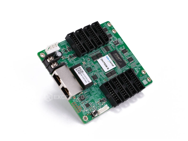 NovaStar DH7508 LED receiving card 3/4 oblique view showing compact PCB size and connector edges