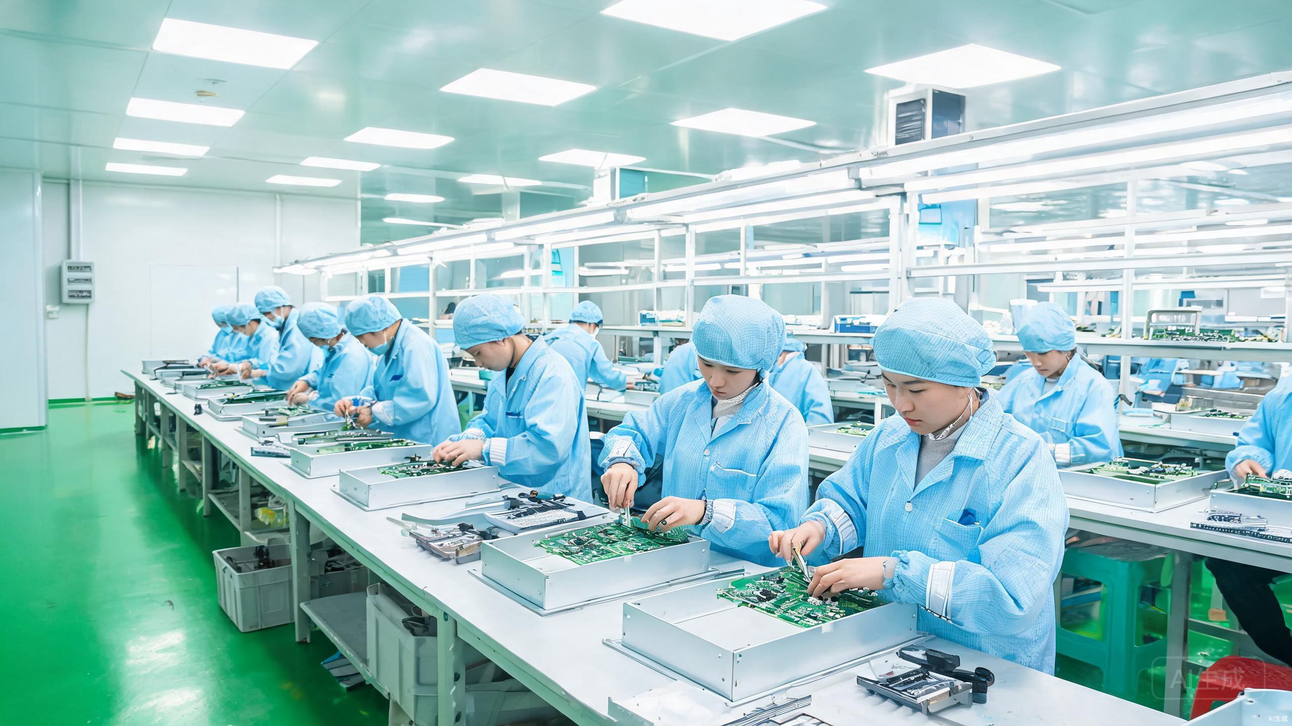 Module assembly workshop — PCBs mounted into frames with precision alignment