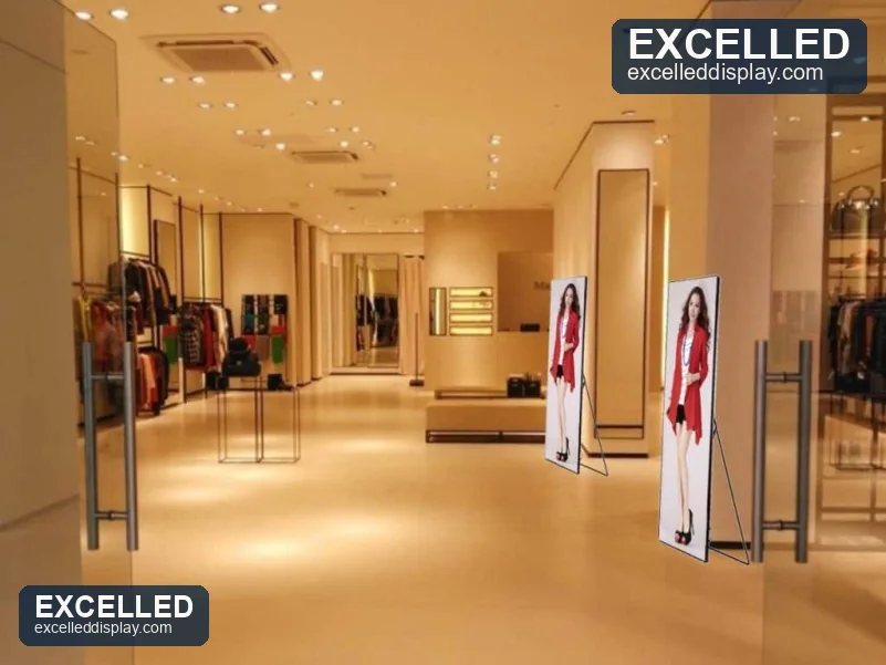A 1890x560mm LED poster display standing upright in a retail store aisle, viewed from close range