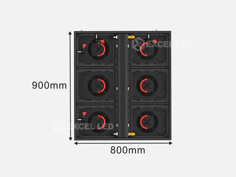 800x900mm iron LED cabinet rear three-quarter view showing six module compartments and central spine