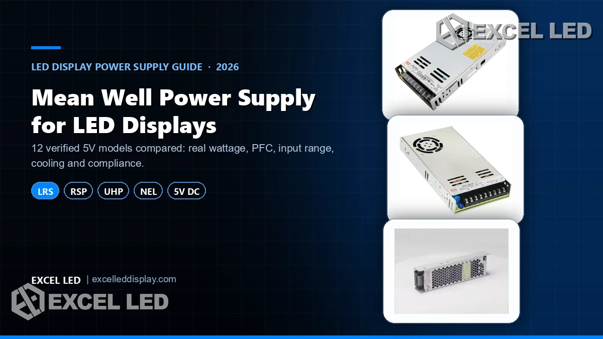 Mean Well 5V LED display power supply range showing LRS-350-5, RSP-500-5 and UHP-500-5 enclosed switching power supplies