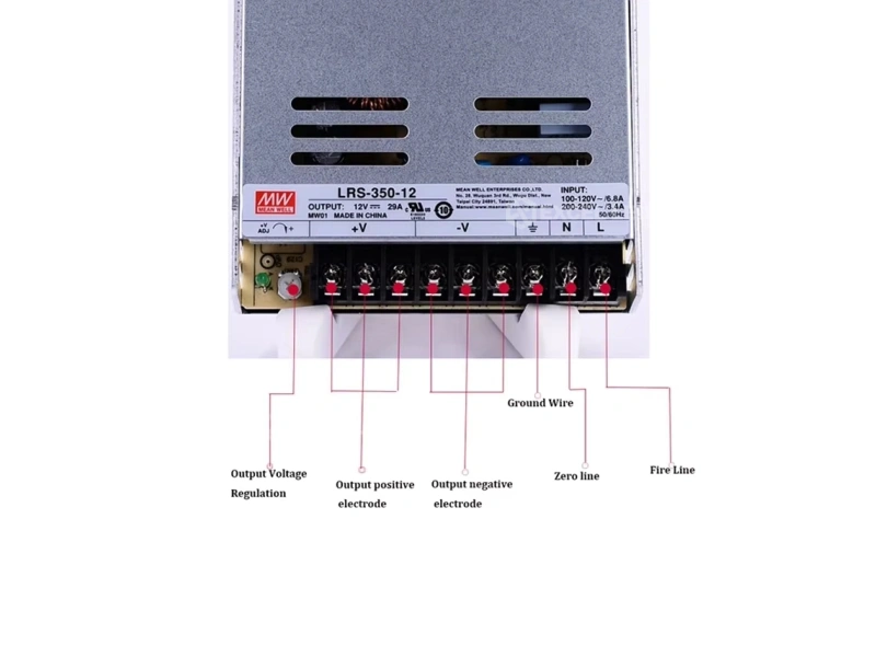 Mean Well LRS-350 power supply AC input terminal block wiring detail showing live neutral and frame ground assignment