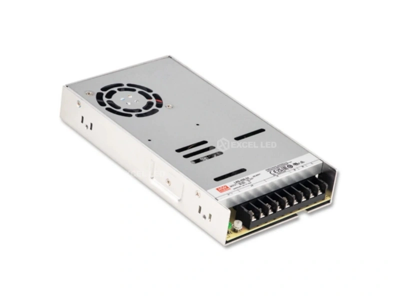 Mean Well LRS-450-5 5V 75A power supply angled view showing top-mounted cooling fan and certified enclosure