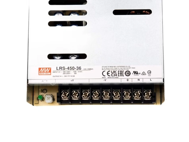 MEAN WELL LRS-450 power supply front view showing certification marks and nine-pin terminal block arrangement