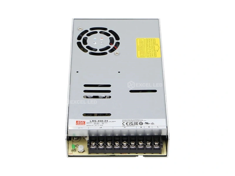 Mean Well LRS-450-5 5V 75A enclosed switching power supply top view showing cooling fan grille and terminal block