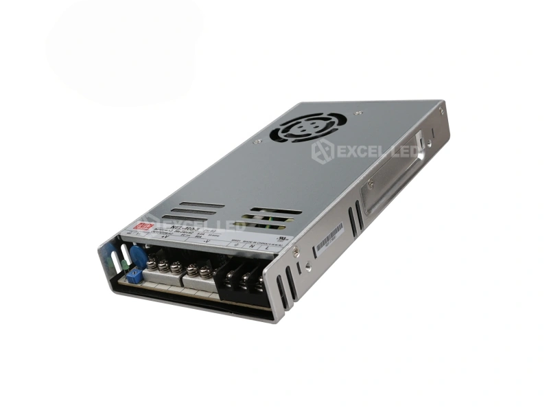 Mean Well NEL-400-5 5V 80A power supply angled view showing circular cooling fan grille and output terminal block