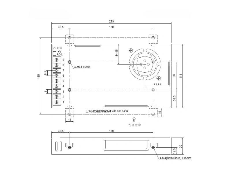Mean Well NEL-400 power supply mechanical drawing showing 215 by 115 by 30mm dimensions 4-M4 mounting holes and air flow direction
