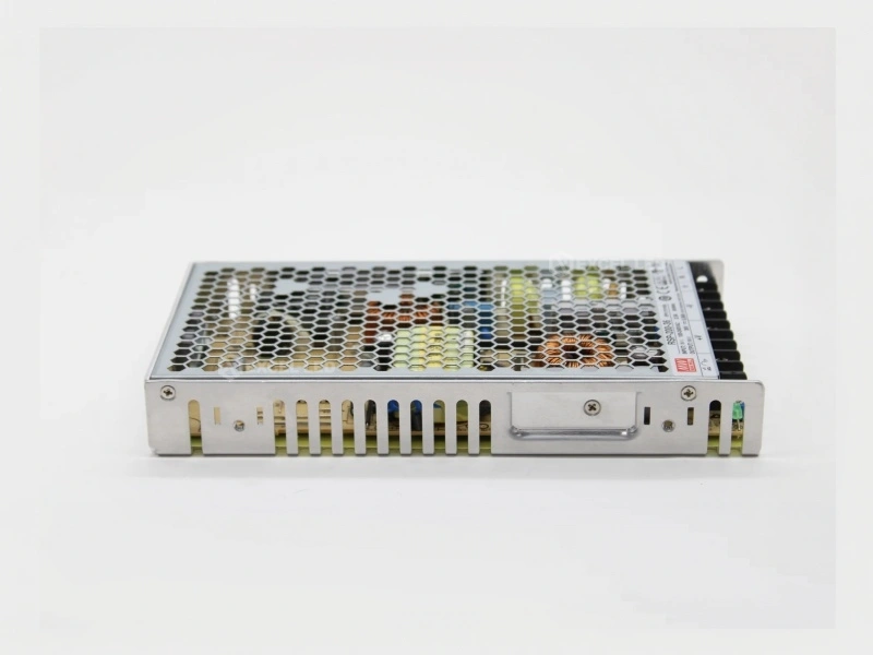 Mean Well RSP-200-5 5V power supply top view showing perforated fanless convection cooling cover
