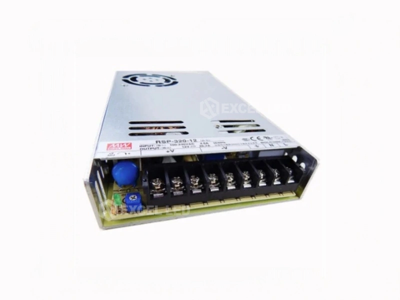 Mean Well RSP-320 5V 60A power supply angled view of output terminals showing screw terminals and internal electrolytic capacitors