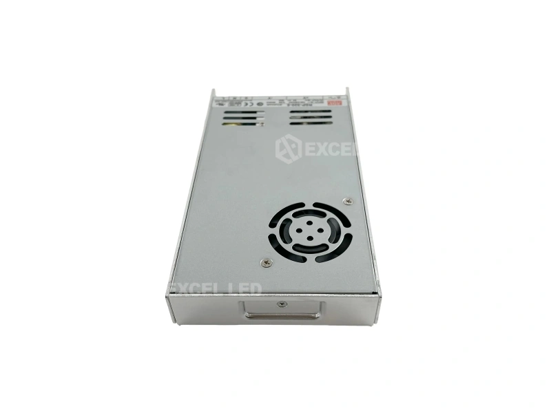 Mean Well RSP-320-5 5V power supply top view showing circular fan grille and 215 by 115mm case footprint