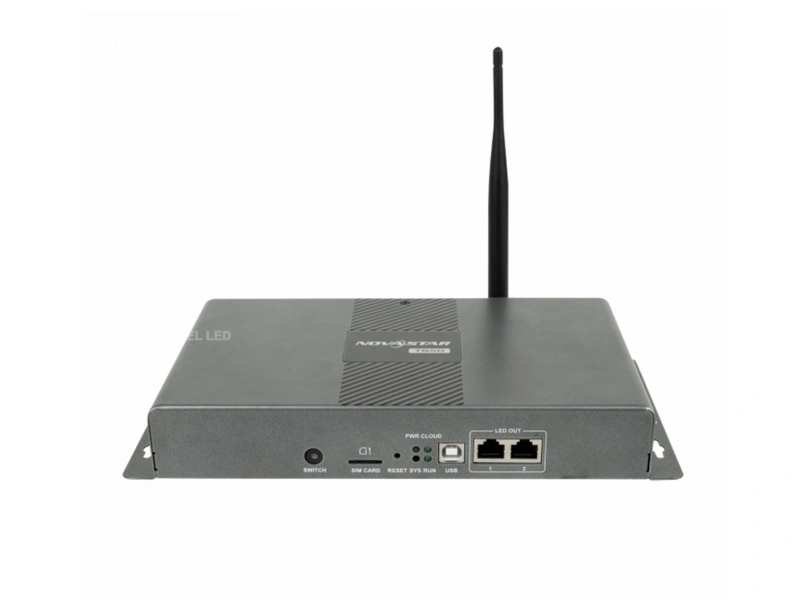 NovaStar Taurus TB50 4K LED display media player front three quarter view with wireless antenna
