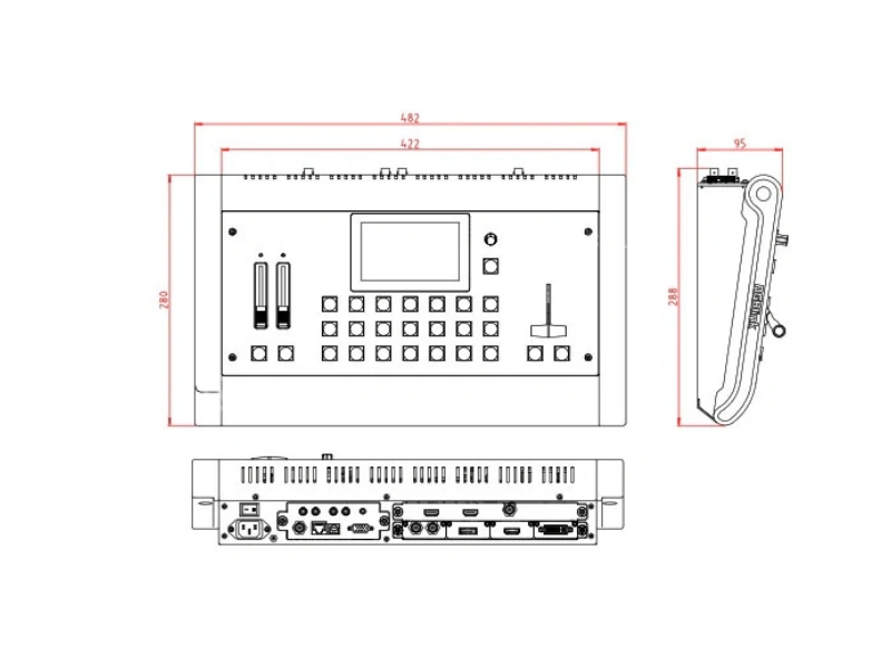 RGBlink M1 multi-view video processor dimension drawing front and side views in millimeters