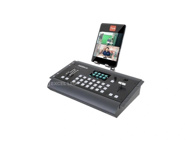 RGBlink M1 multi-window processor front view with phone mounted for live streaming
