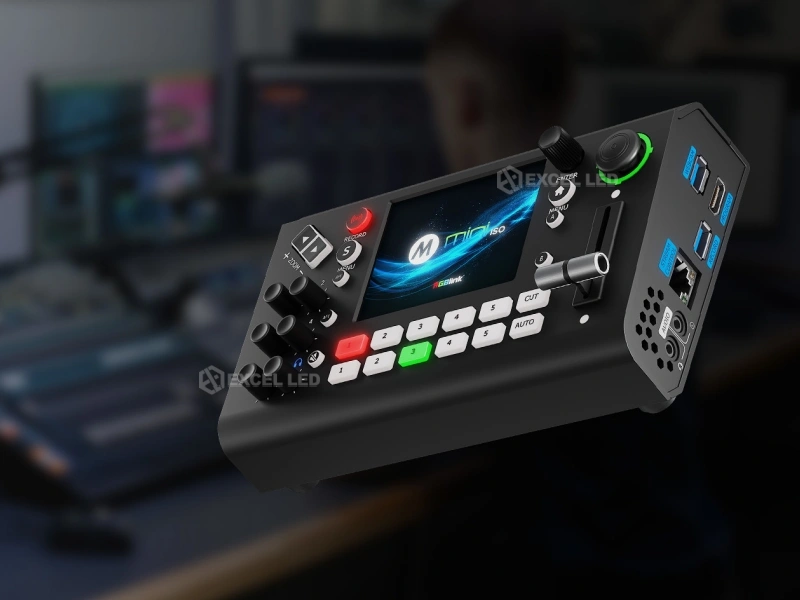 RGBlink Mini ISO all-in-one switcher in a live streaming studio setup with SDI and HDMI sources