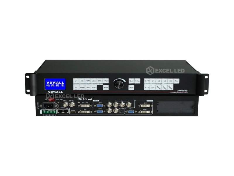 VDWall LVP605 LED video processor front and rear view showing multi-input processing and DVI outputs