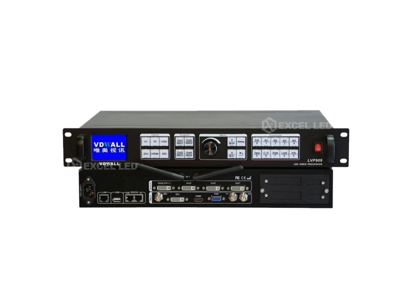 VDWall LVP909 LED video wall processor front and rear view showing four DVI output ports and mixed signal inputs