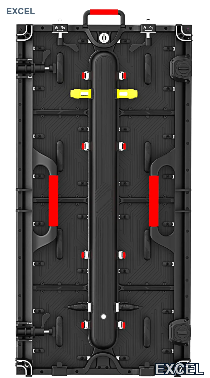 Rear of the Aeroframe AF1000 500x1000mm rental LED cabinet with the lock and unlock points labelled