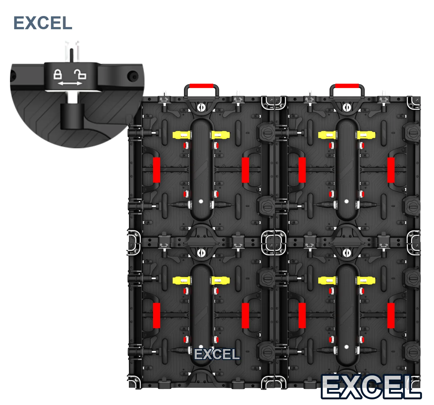 Travel fast lock on the Aeroframe rental LED cabinet, rated for single-person installation