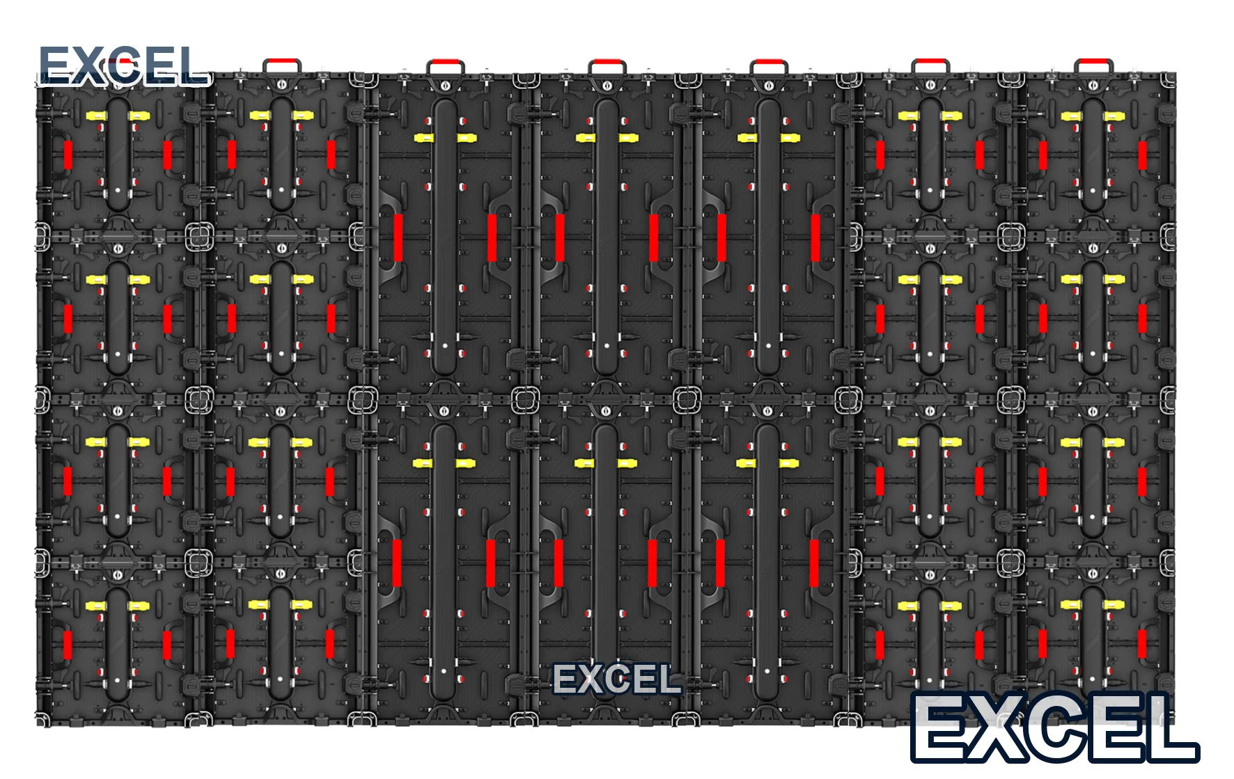 Interlocked Aeroframe rental LED cabinets forming a large-format wall