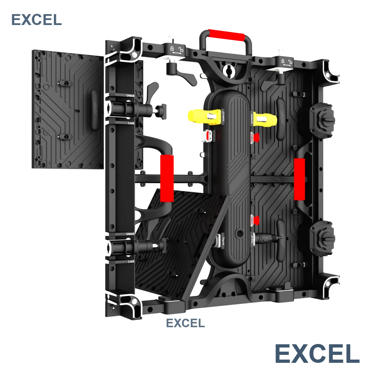 Front and rear service access for module replacement on the Aeroframe rental cabinet