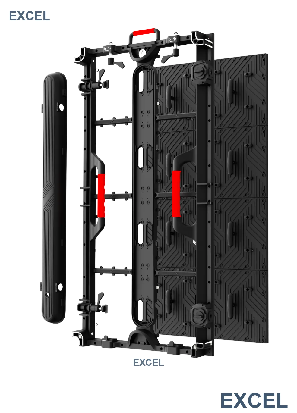Exploded view of the Aeroframe 500x1000mm cabinet: rear cover, chassis and module frame