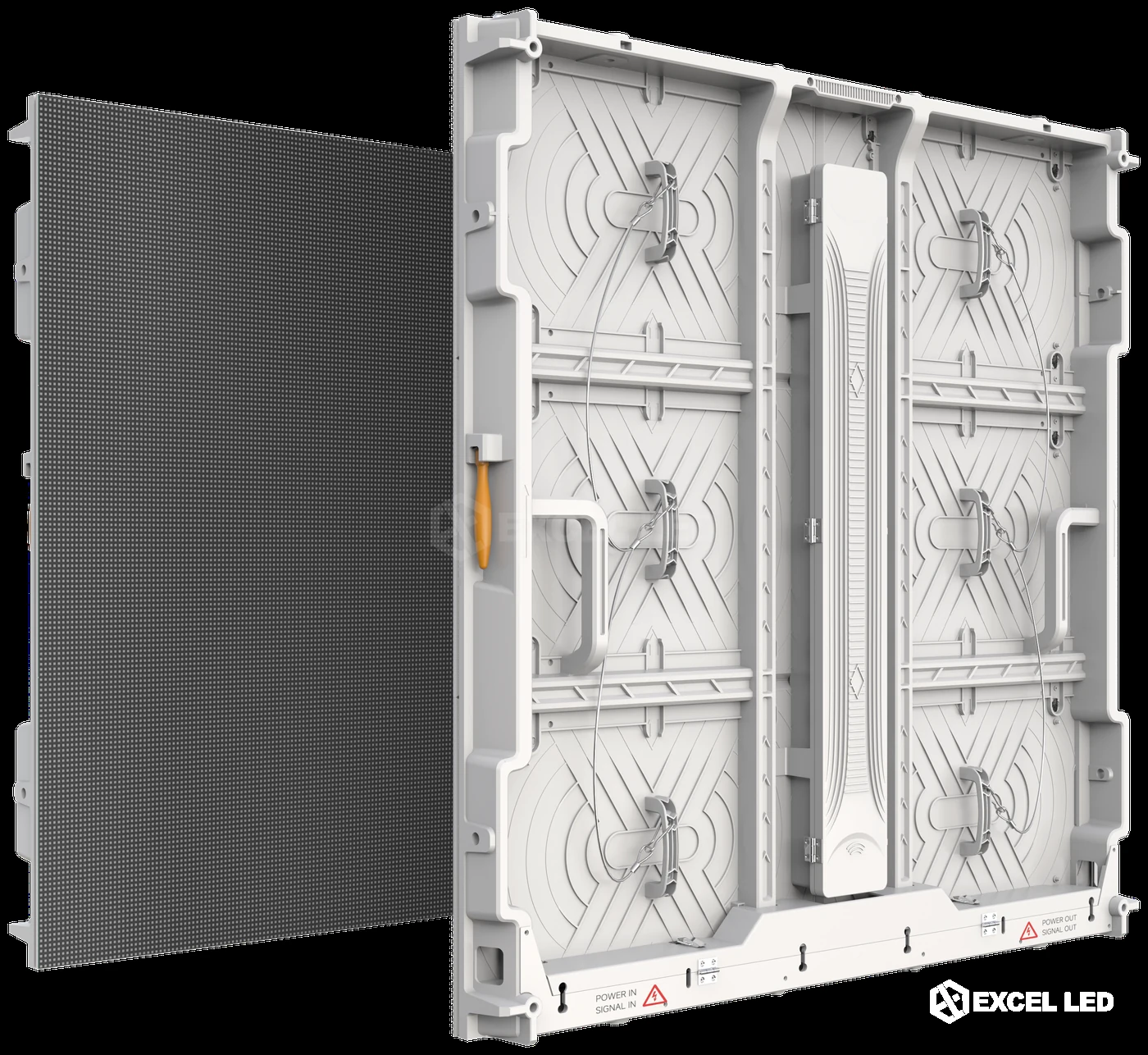 960x960 outdoor LED display B960 cabinet showing SMD modules on the front and die-cast aluminum back with integrated power box