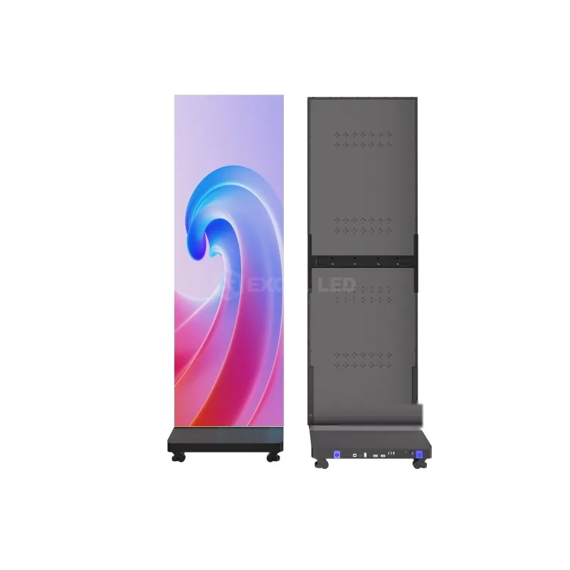 Folding LED screen shown from the front with full-color image and from the rear with folded upper section, hinge and wheeled base
