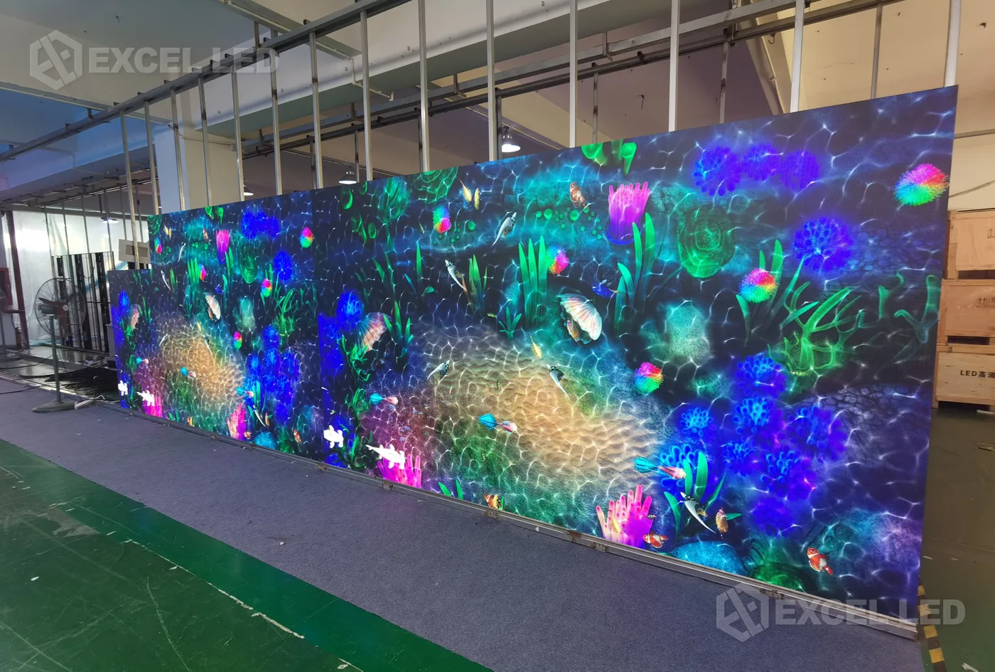 Factory aging test wall of LED floor screen cabinets powered on for burn-in